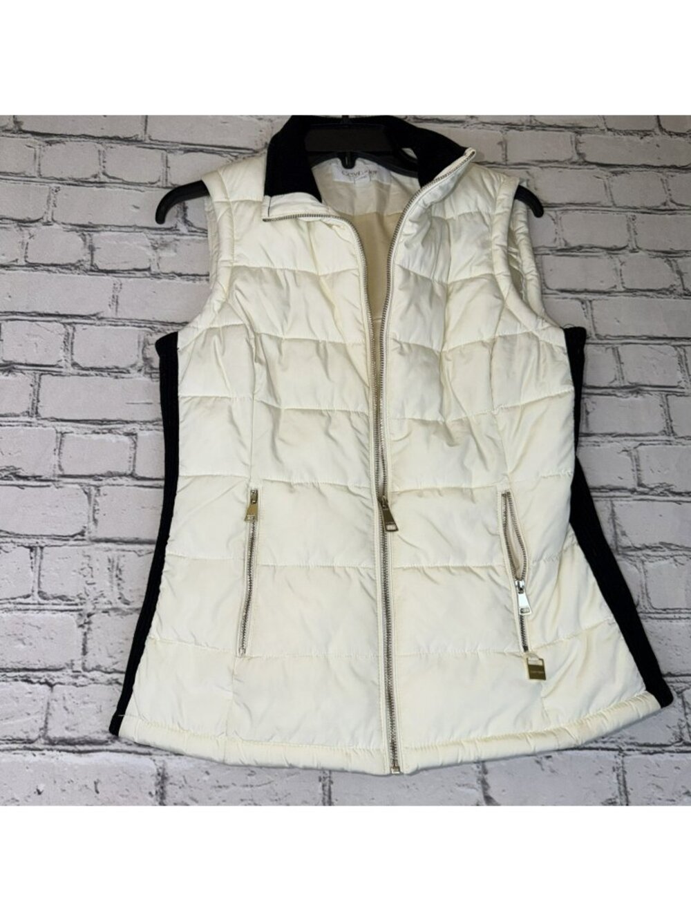 Calvin Klein Women's Puffer Full Zip Vest White Black Mid-Length Size XS Preppy